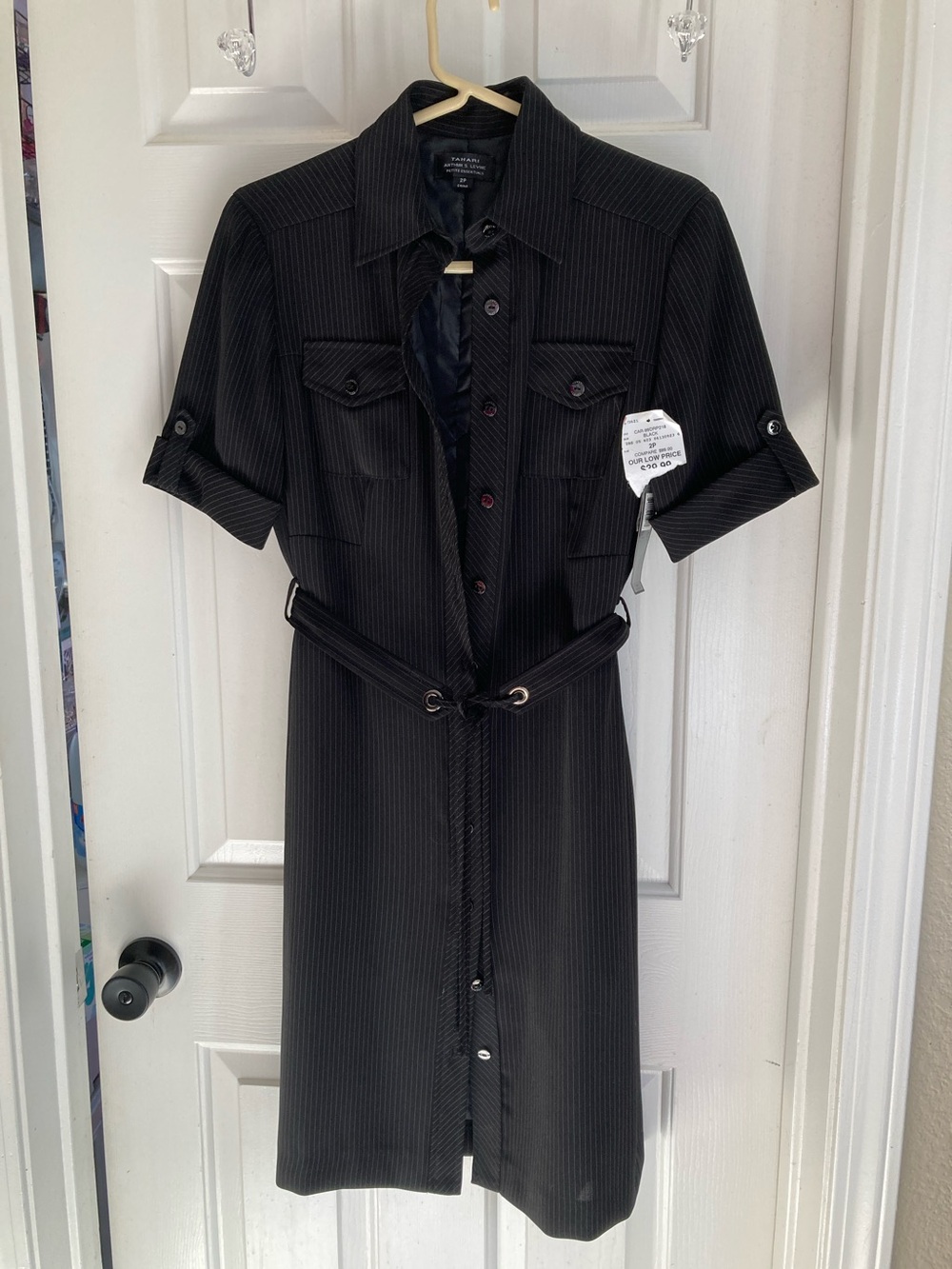 Tahari Black Pinstripe Midi Shirt Dress with Belted Waist